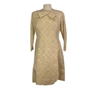Ann Murray Vintage Cream Brocade Bow Long Sleeve Mod Dress 40 bust, 38 waist